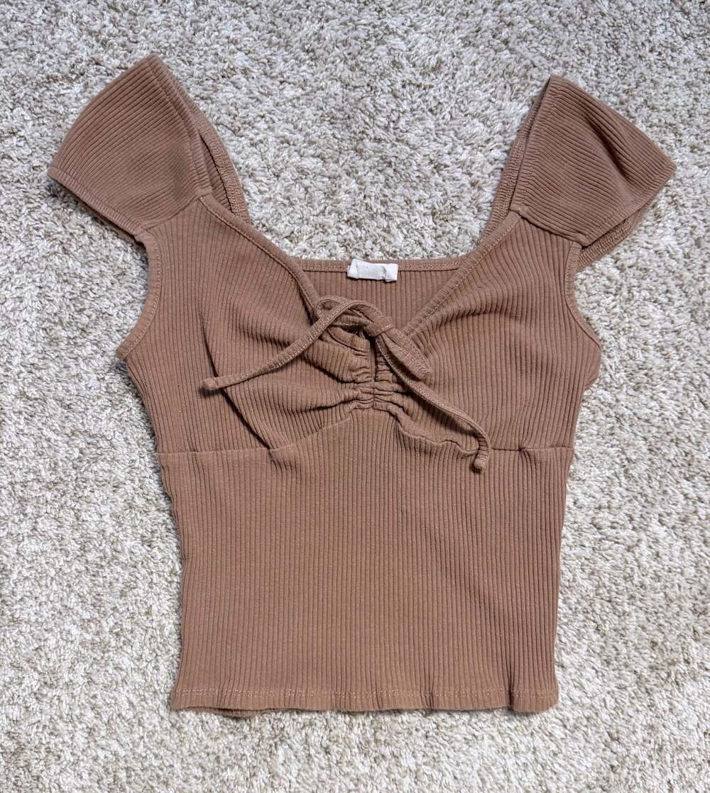 Cotton On Brown Ribbed Cap Sleeve Front Tie Crop Top XS